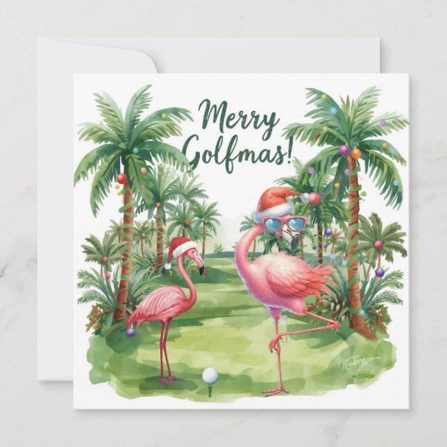Carte Golf Floride Joyeux Noël avec Père Noël Flamant ro (Devant)