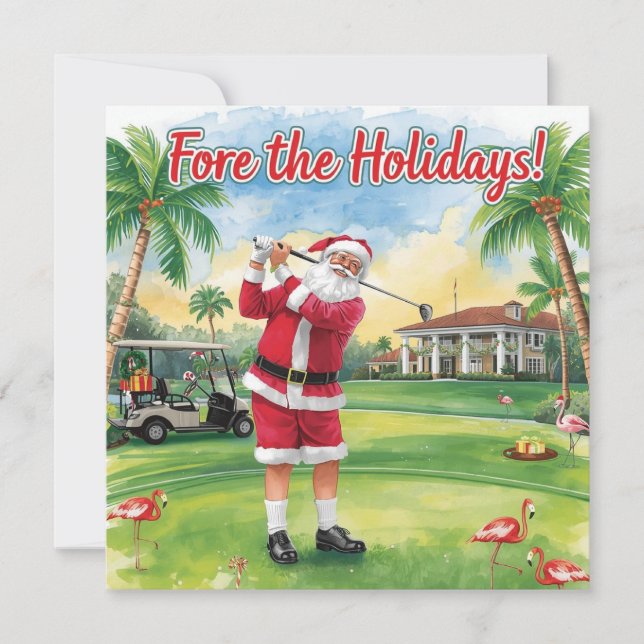 Carte Golf Joyeux Noël avec le Père Noël et le flamant (Devant)