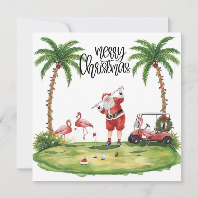 Carte Golf Joyeux Noël avec le Père Noël et le flamant (Devant)