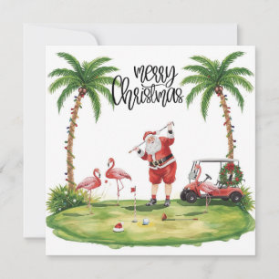 Carte Golf Joyeux Noël avec le Père Noël et le flamant