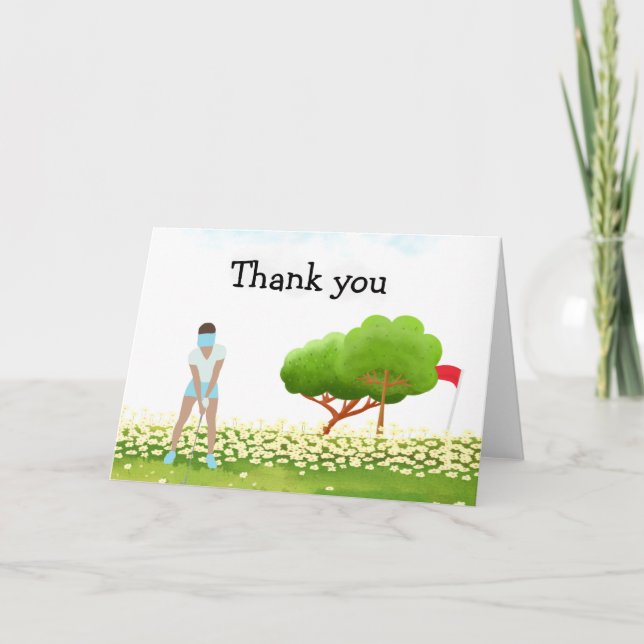 Carte Golf Merci avec texte et golfeuse qui putt  (Devant)