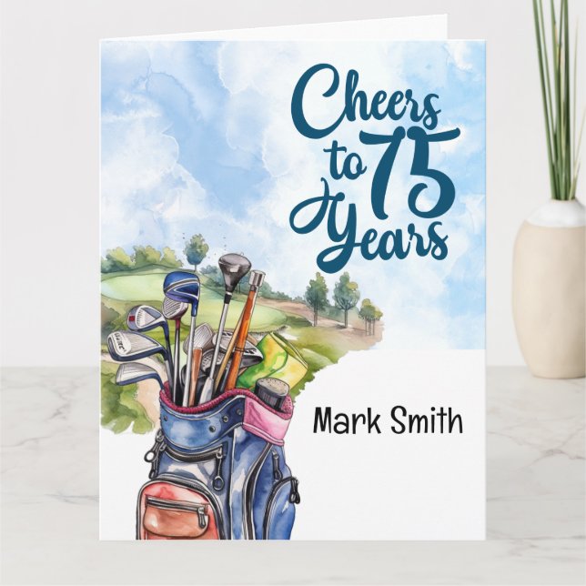 Carte Golfeur 75e anniversaire avec golf Bag sur terrain (Devant)