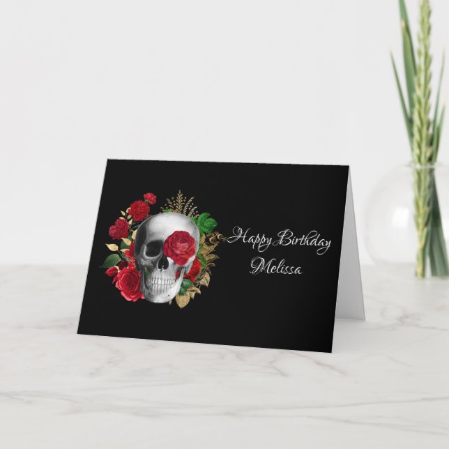 Carte Goth Crâne avec Fleurs rouges et Feuilles d'or (Devant)