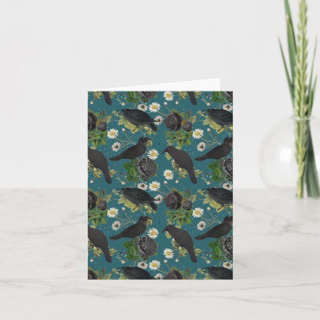 Carte Goth Crows et Roses noirs Profond Turquoise Motif (Devant)