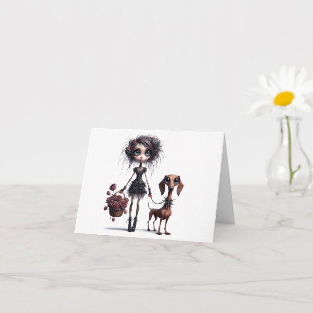 Carte Gothique fille avec Dachshund maigre N'importe que (Petite plante)