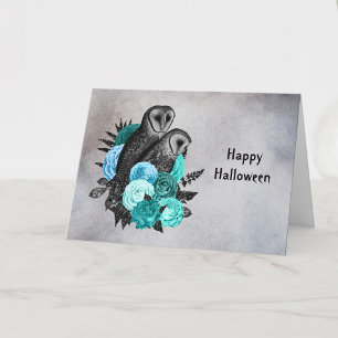 Carte Gothique floral sarcelle hiboux Halloween