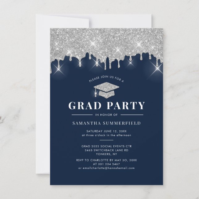 Carte Graduation 2022 Marine Parties scintillant Argent  (Devant)