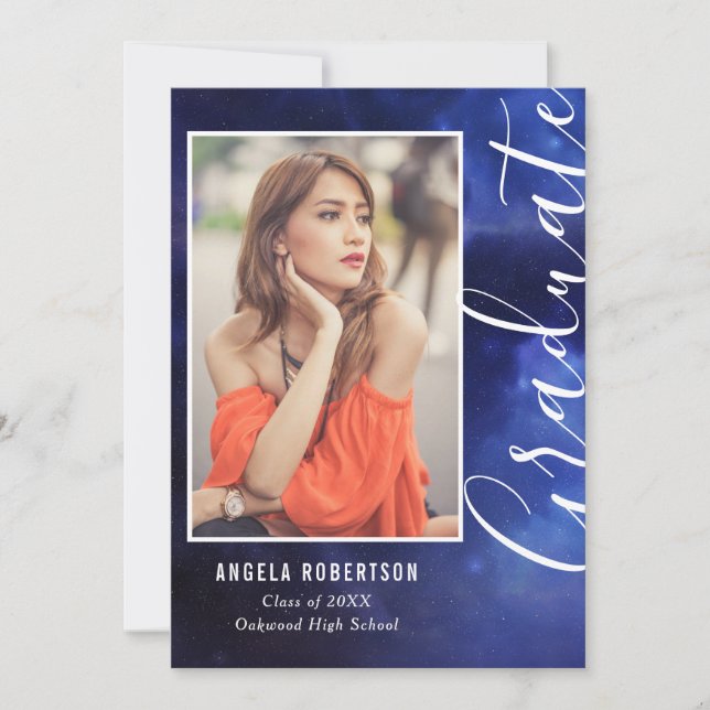 Carte Graduation Blue Nebula Space Stylish Photo moderne (Devant)