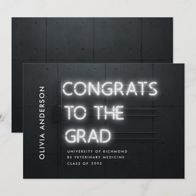 Carte Graduation néon blanc brillant congrès moderne (Devant / Derrière)