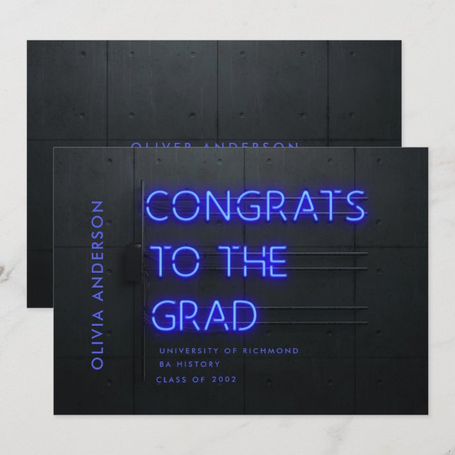 Carte Graduation néon noir bleu fêtes moderne design (Devant / Derrière)