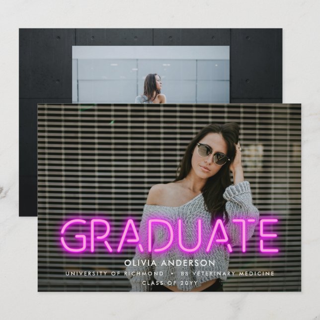 Carte Graduation néon rose contemporain contemporain mod (Devant / Derrière)