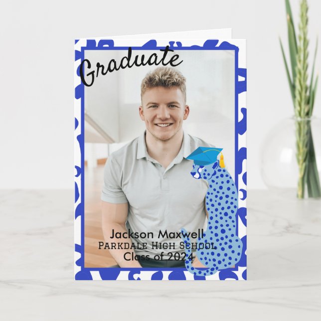 Carte Graduation Photo Empreinte de léopard bleu (Devant)