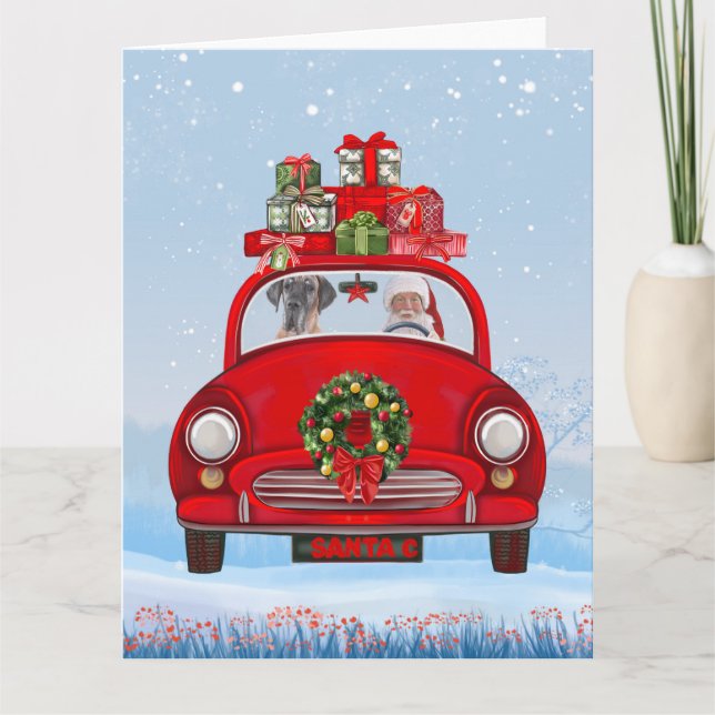 Carte Grand Chien Danois En Voiture Avec Le Père Noël (Devant)