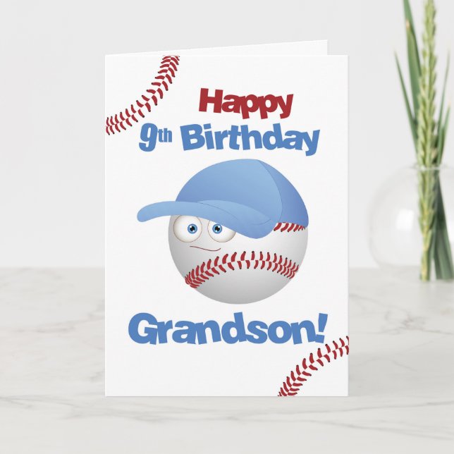 Carte Grand-fils 9e anniversaire drôle visage de basebal (Devant)