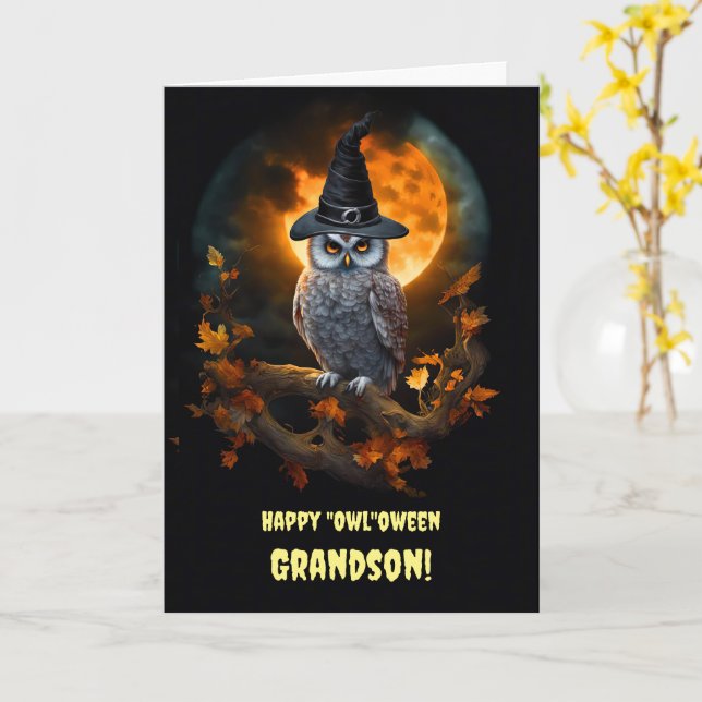 Carte Grand-fils Halloween heureux avec le hibou et le C (Fleur jaune)