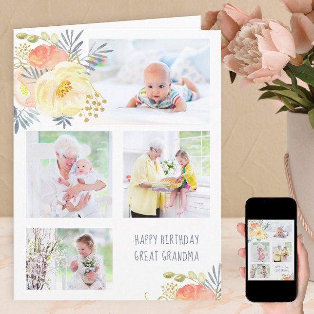 Carte Grand grand-mère 4 Photo Peach Jaune Floral Annive (Créateur téléchargé)