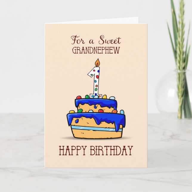 Carte Grand-neveu 1er anniversaire, 1 sur le gâteau bleu (Devant)
