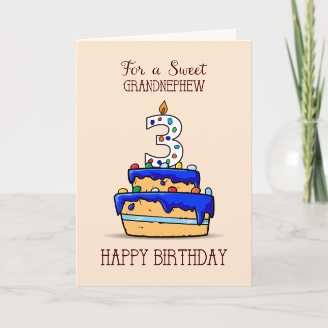 Carte Grand-neveu 3e anniversaire, 3 sur le gâteau bleu  (Devant)