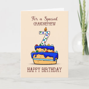 Carte Grand-neveu 7e anniversaire, 7 sur le gâteau bleu 