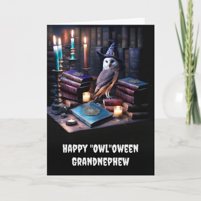 Carte Grand-neveu mignonne Happy Halloween avec Owl Magi (Devant)