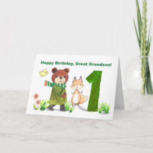 Carte Grand-petit-fils 1er anniversaire Ours et Fox Gran