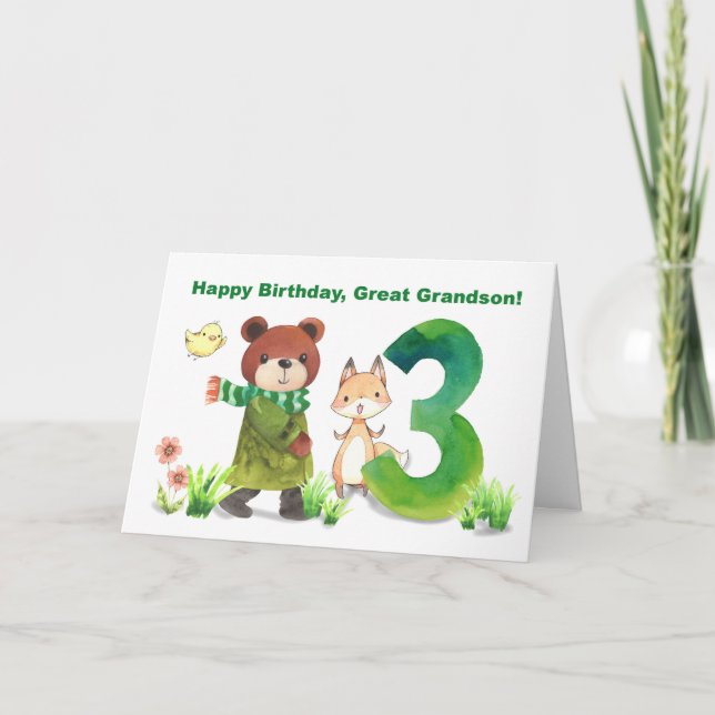 Carte Grand-petit-fils 3e anniversaire ours Fox grand ci (Devant)