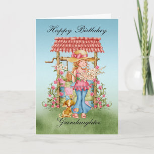 Carte Granddaughter Cute Girl and Wishing Well Birthday