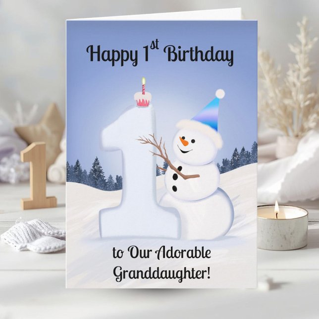 Carte Granddaughter Happy 1st Birthday Snowman Building (Créateur téléchargé)