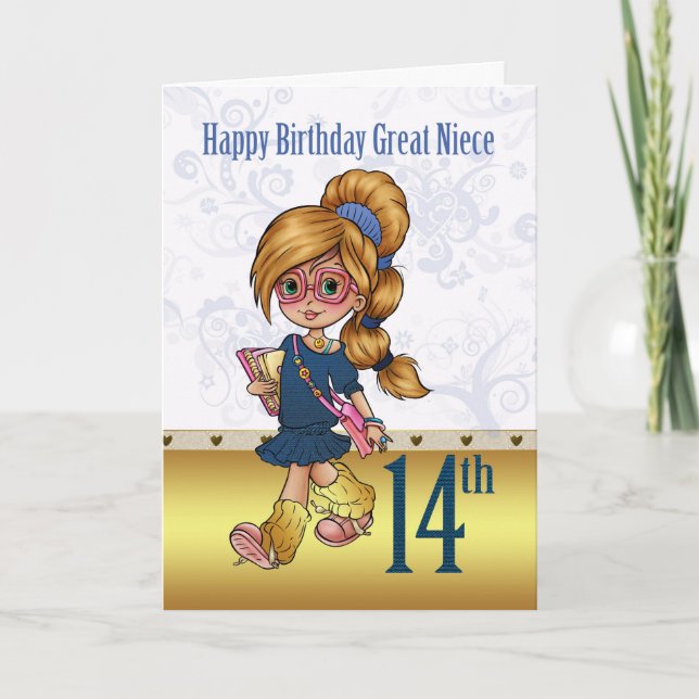 Carte Grande Nièce 14ème Anniversaire Avec Fille Branché (Devant)