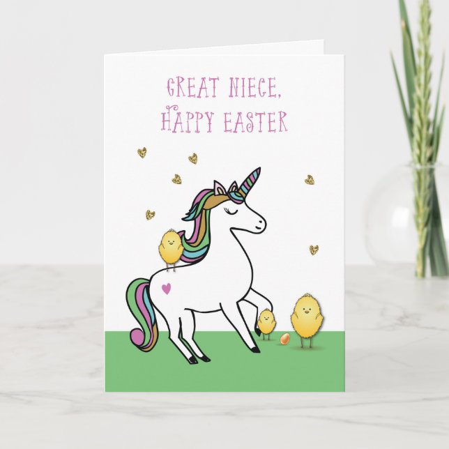 Carte Grande Nièce Unicorne voeux de Pâques avec les pou (Devant)