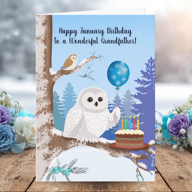 Carte Grandfather Happy January Birthday Snowy Owl (Créateur téléchargé)