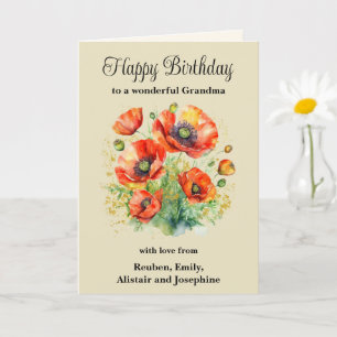 Carte Grandma Rustic Red Poppies Floral Joyeux Anniversa