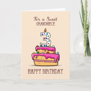 Carte Grandniece 3e anniversaire, 3 sur le gâteau rose d