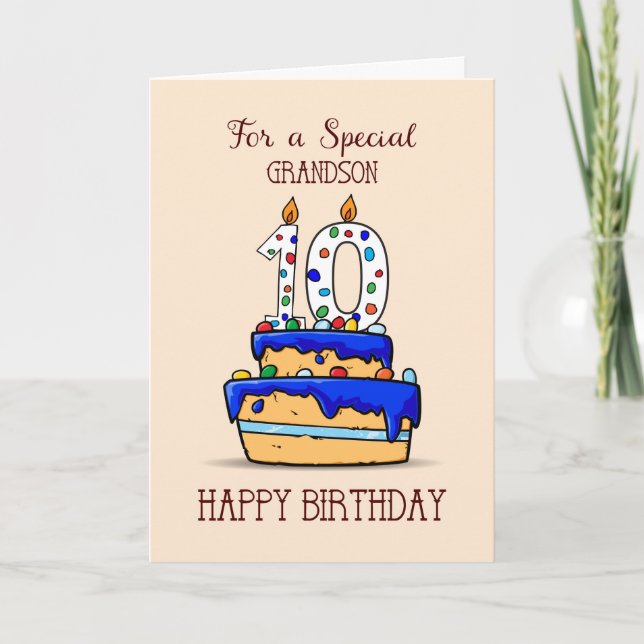 Carte Grandson 10e anniversaire, 10 sur Sweet Blue Cake (Devant)