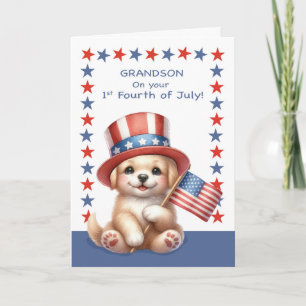 Carte Grandson 1er 4 juillet Chien mignon avec drapeau C