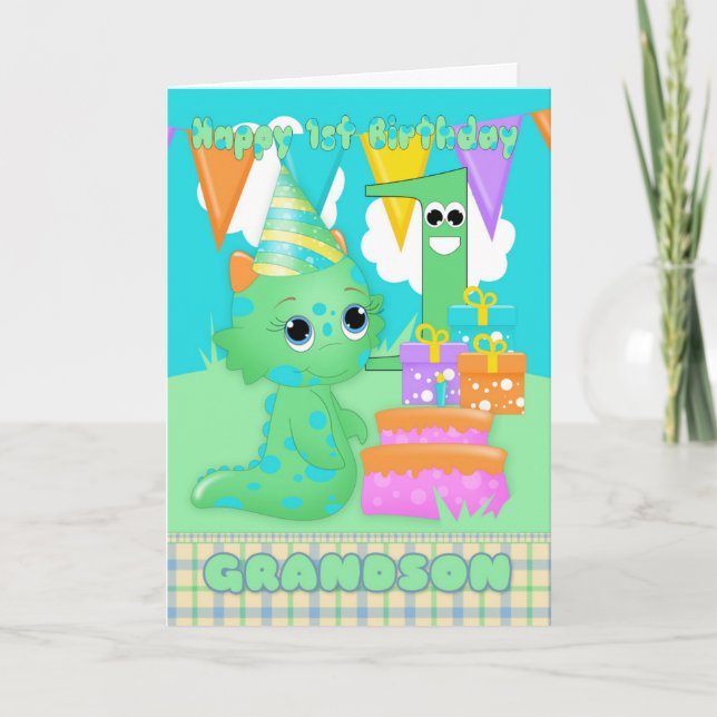 Carte Grandson 1er anniversaire mignon petit monstre (Devant)