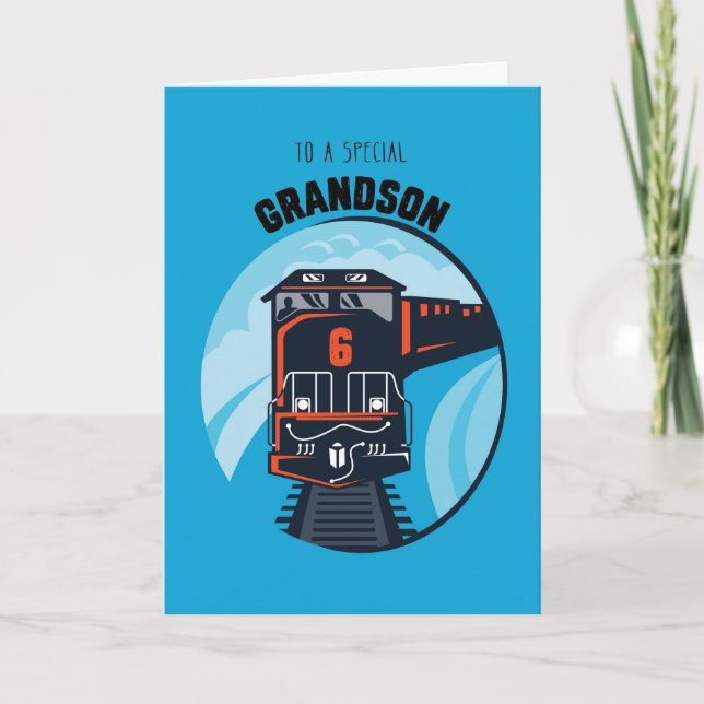 Carte Grandson 6e Train d'anniversaire sur Blue (Devant)