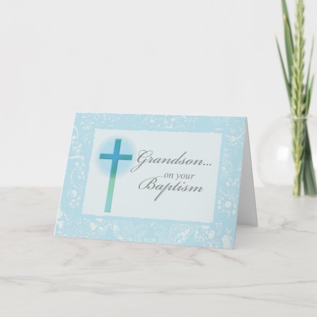 Carte Grandson Baptême Dentelle Bleue (Devant)