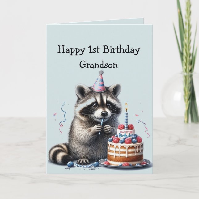 Carte Grandson Fun Raccoon 1er Anniversaire (Devant)