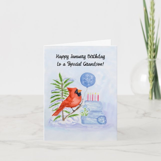 Carte Grandson Happy January Birthday Cardinal Cake (Devant)