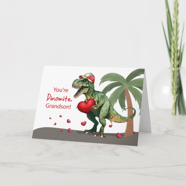 Carte Grandson Valentine Dinosaur avec Casquette et Coeu (Devant)