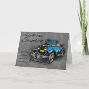Carte Grandson, Vintage Blue Car OnWatercolor Background