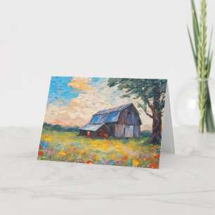 Carte Grange d'anniversaire dans un champ de fleurs sauv