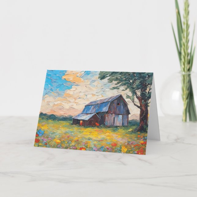 Carte Grange d'anniversaire dans un champ de fleurs sauv (Devant)