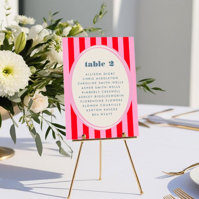 Carte Graphique de siège de table brillant rose rouge ba (Pink Red Stripe Bold Bright Table Number Seating Chart Card)
