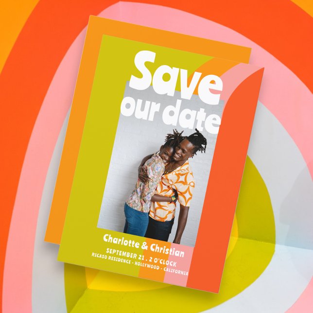 Carte Gras Retro Citrus Enregistrer notre Mariage Date (Bold Retro Citrus Save Our Date Wedding Announcements from Ricaso. A fun personalized card)