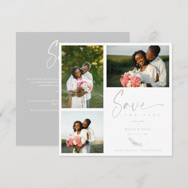 Carte Gray Trendy Branches Wedding Save Date 3 Photos (Devant / Derrière)