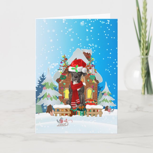 Carte Great Dane dans la neige avec cadeaux de Noël (Devant)