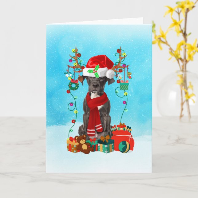 Carte Great Dane dans la neige avec cadeaux de Noël (Fleur jaune)