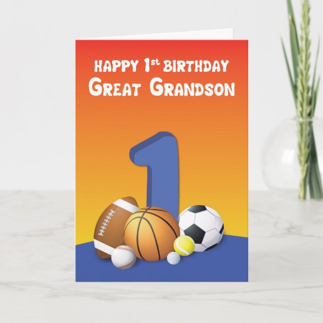 Carte Great Grandson 1er anniversaire Sports Balls (Devant)